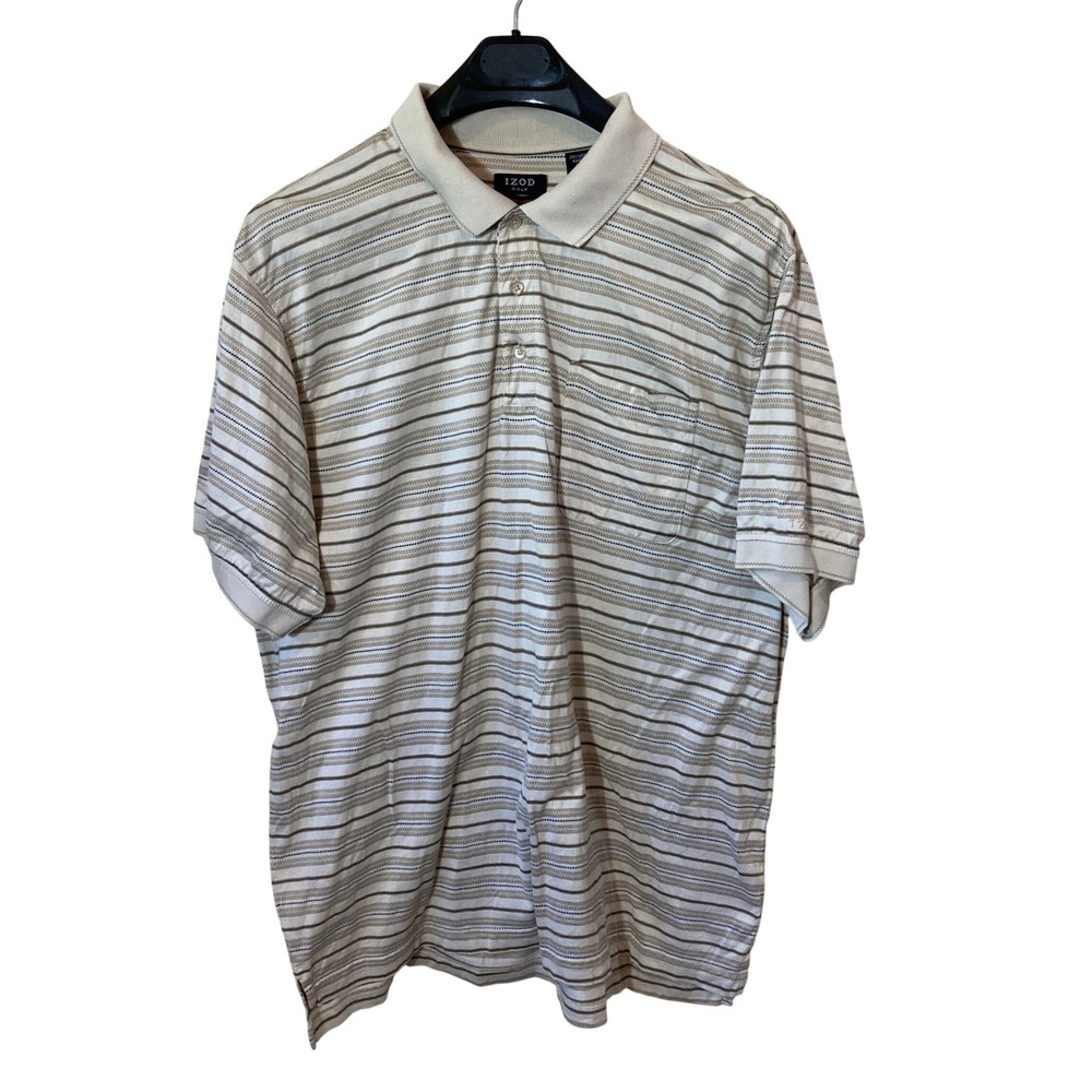 IZOD Golf Mens XL Tan Striped Cotton Cool-FX Short Sleeve Polo Shirt Pocket